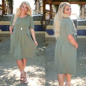 PLUS Olive Pleated Dress with Pockets
